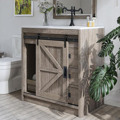 31" Farmhouse Sliding Barn Door Bathroom Vanity with Sink Combo, Bathroom Vanity Cabinet with Drawers & Metal Handles, Freestanding, Gray