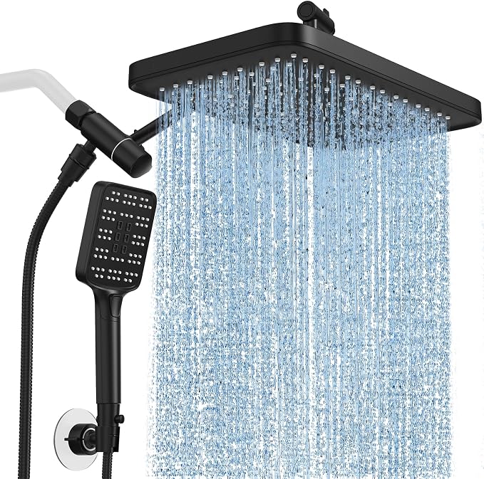 SR SUN RISE Rainfall Dual Shower Head with Adjustable Spray in Matte Black | High pressure double and tandem shower head set features a 12'' rainfall head, handheld spray, and adjustable angles.