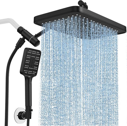SR SUN RISE Rainfall Dual Shower Head with Adjustable Spray in Matte Black | High pressure double and tandem shower head set features a 12'' rainfall head, handheld spray, and adjustable angles.