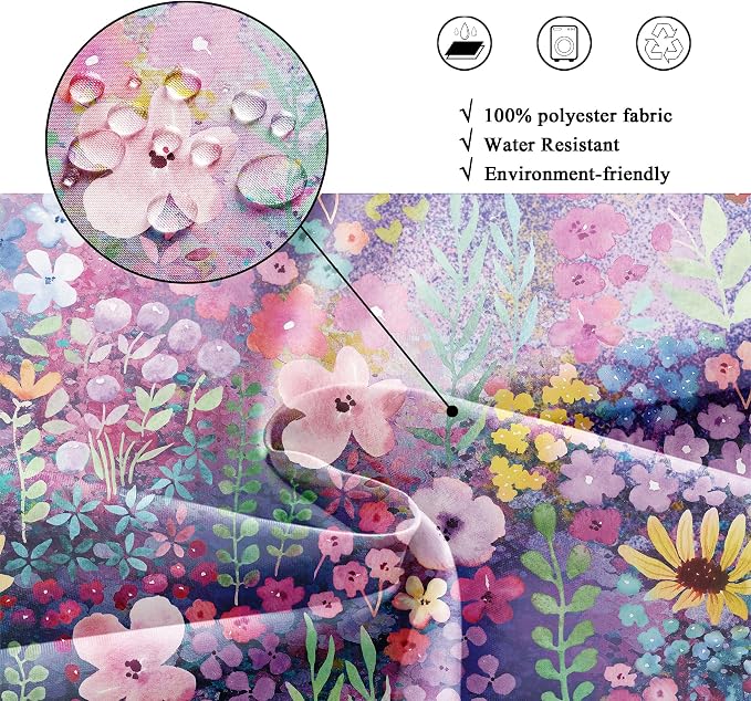 Purple Floral Boho Cute Wildflower Watercolor Bathroom Shower Curtain Set | 72"W x 72"H Leaves Botanical; waterproof HD print, quick-dry fabric with 12 hooks for easy hanging.