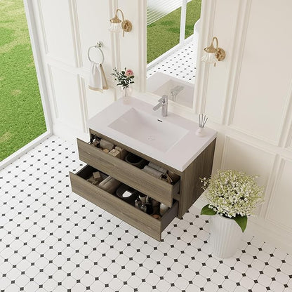 Floating Bathroom Vanity with Sink, 36" Wall-Mounted Bathroom Storage Vanity Cabinet with Resin Top Basin and Soft Close Drawers, No Assembly Required, Ash Grey