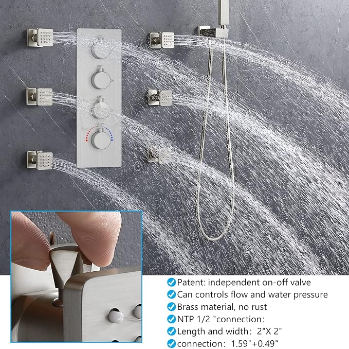 16X32 Inch Ceiling Mount Large Rainfall Shower System Thermostatic Multi Jet Shower Faucet System Luxury Massage Shower Fixtures Set with 6 Body Spray Jets, Run All at the Same Time (Brushed Nickel)