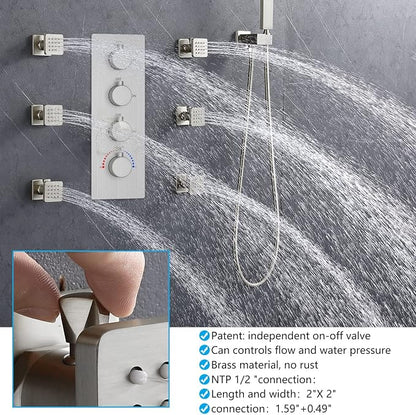 16X32 Inch Ceiling Mount Large Rainfall Shower System Thermostatic Multi Jet Shower Faucet System Luxury Massage Shower Fixtures Set with 6 Body Spray Jets, Run All at the Same Time (Brushed Nickel)