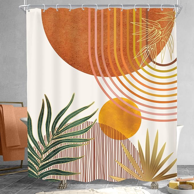 Mid Century Orange Boho Abstract Modern S Bathroom Shower Curtain Set | 60Wx72L Plant Botanical design, waterproof HD print with fast-drying fabric and 12 hooks.