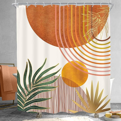 Mid Century Orange Boho Abstract Modern S Bathroom Shower Curtain Set | 60Wx72L Plant Botanical design, waterproof HD print with fast-drying fabric and 12 hooks.
