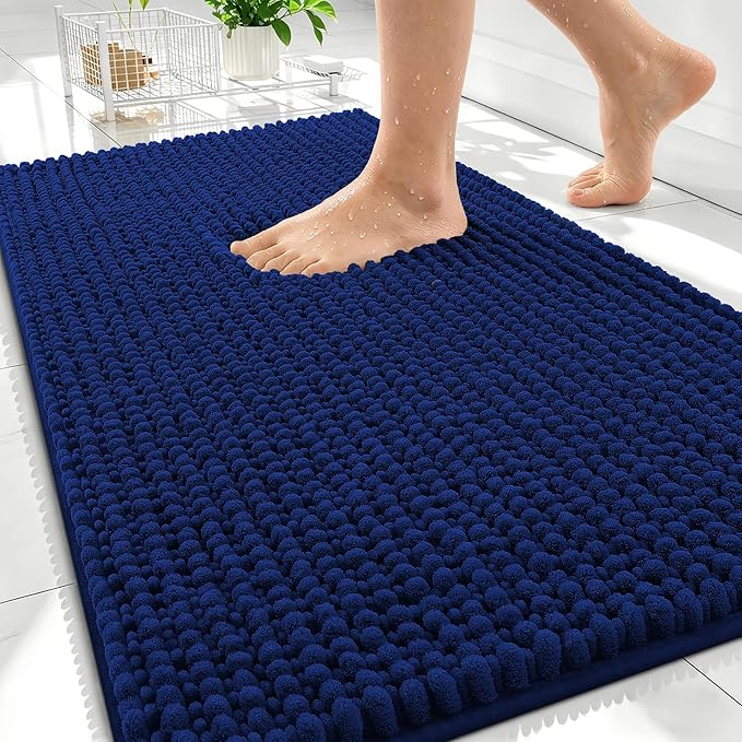 OLANLY Thick Chenille Bathroom Rugs 34x21, Soft Absorbent Bath Mat, Navy | Bath Rugs, Rubber Backing, Machine Wash Dry, Bath Mats for Bathroom Floor, Tub and Shower, Home Decor Accessories