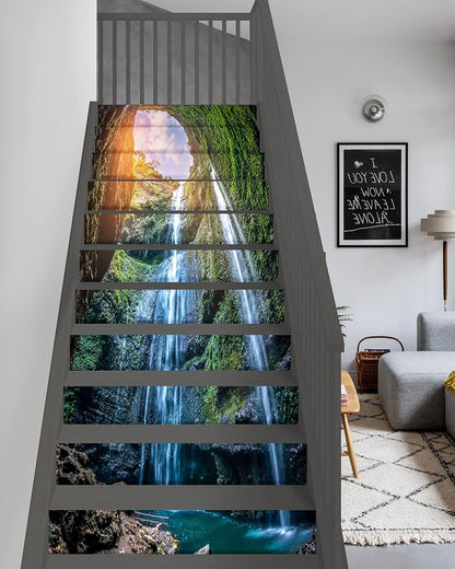 FLFK Waterfall Stair Stickers - Set of 15, Peel and Stick Stair Riser Decals, 39.3"x7.08"