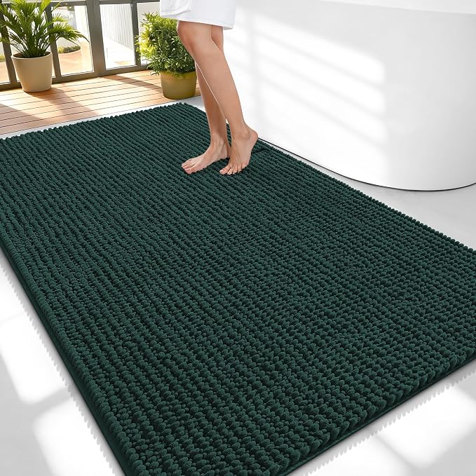 OLANLY Thick Chenille Large Bathroom Rugs Mats 59x35, Blackish Green | Soft Absorbent Bath Rugs, Rubber Backing, Machine Wash Dry, Bath Mats for Bathroom, Tub and Shower, Home Decor Accessories