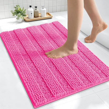 Smiry Thick Small Chenille Bathroom Rugs 24x16, Soft Bath Mat, Hot Pink | Quick‑Dry & Machine Washable, Non‑Slip Bath Carpet, Striped Bath Rugs for Tub & Shower, Modern Home Decor Accessories