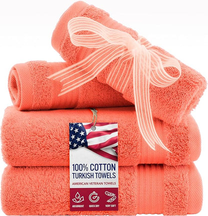 American Veteran Towel, 100% Cotton Turkish Washcloths for Bathroom Essentials 4 Pack, Soft Absorbent Wash Cloths Quick Drying Small Towels Washrags, Coral