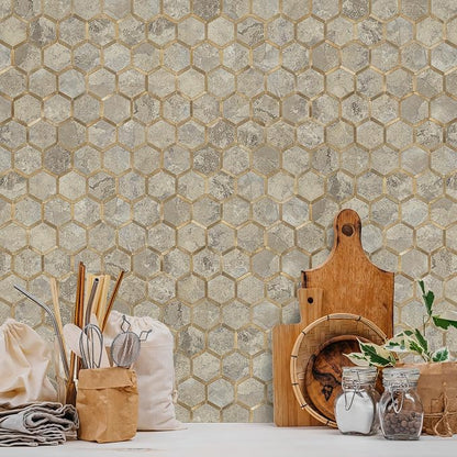 STICKGOO Hexagon Peel and Stick Backsplash Tile, Stick on Backsplash for Kitchen and Bathroom, Stone Beige PVC Mixed Metal Gold Self Adhesive Wall Tiles(10 Sheets, Seamless)