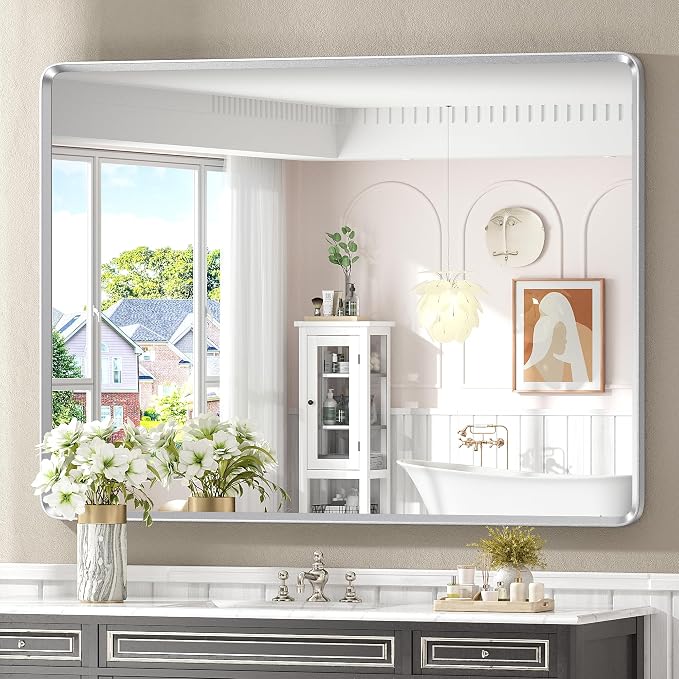 48x36 Inch Silver Bathroom Mirror for Wall | Silver Metal Framed Vanity Mirror, Rounded Rectangle Mirror, Shatterproof, Anti-Rust, Silverish Painted (Horizontal/Vertical)
