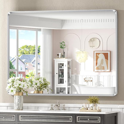 48x36 Inch Silver Bathroom Mirror for Wall | Silver Metal Framed Vanity Mirror, Rounded Rectangle Mirror, Shatterproof, Anti-Rust, Silverish Painted (Horizontal/Vertical)