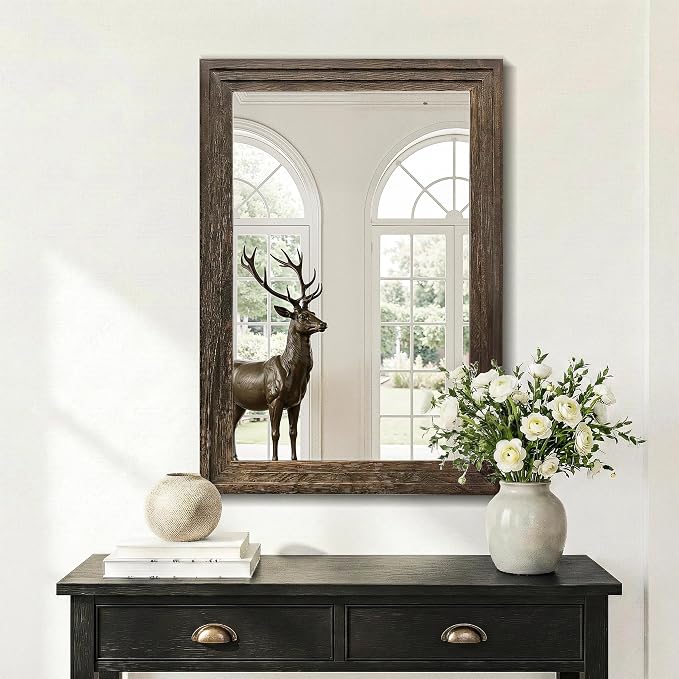 Farmhouse Rustic Wood Framed Bathroom Vanity Mirror for Wall, 20x30, Brown | Recessed Stepped Solid Wood Frame, HD Shatterproof Glass, Vertical/Horizontal Mount, for Bathroom Sink, Living Room, Entryway