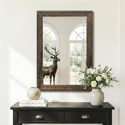 Farmhouse Rustic Wood Framed Bathroom Vanity Mirror for Wall, 20x30, Brown | Recessed Stepped Solid Wood Frame, HD Shatterproof Glass, Vertical/Horizontal Mount, for Bathroom Sink, Living Room, Entryway