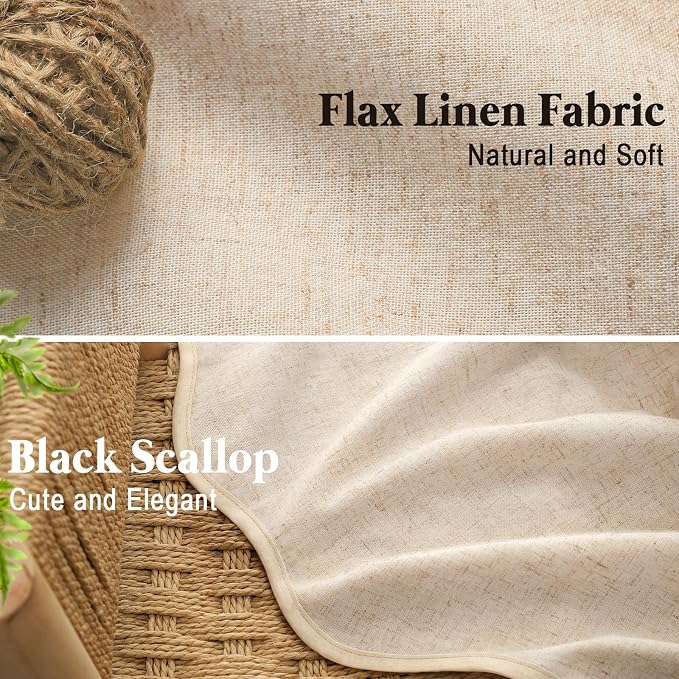 Scalloped Shower Curtain Linen Boho Flax Cream 72" W x 72" L | Linen Fabric, Black Border, Washable, Heavy Duty Cloth, Shower Curtain for Boho Farmhouse Bathroom Bathtub
