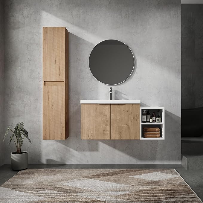 SSLine 42-Inch Single Bathroom Vanity Modern Wall Mounted Bathroom Vanity with Sink 42" Small Floating Bathroom Vanities Set with White Open Storage Shelf & 2 Side Cabinets,Brown White