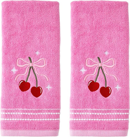 SKL Home Cherry Hearts Hand Towel Set-2pc, 100% Cotton, Embroidered, Pink | Soft & decorative velour. For use in the bathroom, kitchen or bar. Great for Valentine's Day & year-round décor.