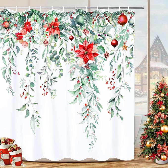 Christmas Shower Curtain Set Xmas Holly Shower Curtains Waterproof Fabric Bath Curtains with 12 Hooks for Winter Christmas Holiday Home Bathroom Decor, 72 x 72 Inches