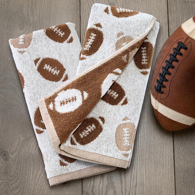SKL Home Fall/Autumn Football Jacqaurd 100% Cotton 2pc Hand Towel Set for Bath/Kitchen/Bar & Gift, Tan