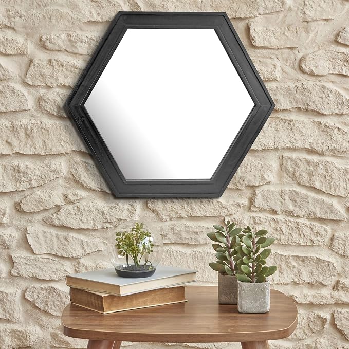 Stonebriar Decorative 24" Hexagon Wall Mirror with Black Wood Frame and Attached Hanging Bracket, Decorative Country Rustic Decor for the Living Room, Bedroom, Bathroom, Hallway, and Entryway