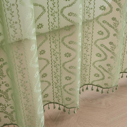 WAZZIO Sage Green Lace Shower Curtain - Vintage Pretty Floral Sheer Shower Curtains, Elegant Decorative Tassel Bath Curtains for Bathroom, 72 x 72 Inch, 1 Piece