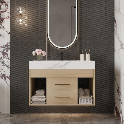KEIKI 29.9" Bathroom Vanity with Undermount Sink Combo, Modern Floating Vanity Cabinet with 2 Drawers & Open Side Shelves, Storage Wall Mounted Cabinet for Small Space, Apricot
