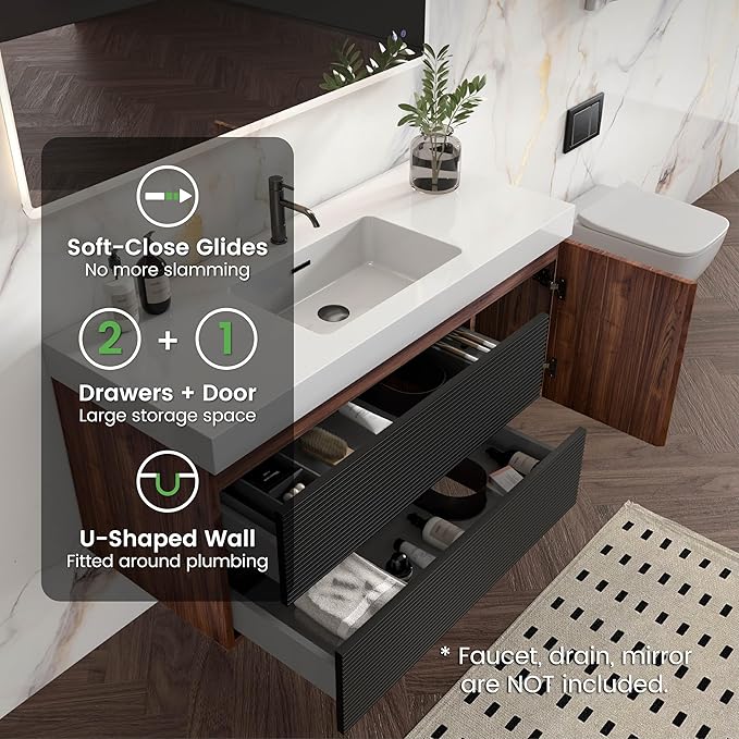 48 Inch Bathroom Vanity with Sink, Floating Bathroom Cabinet with 2 Soft-Closing Drawers & 1 Door, Large Storage for Apartment, Hotel, Walnut+Black, White Sink(Already Assembled)