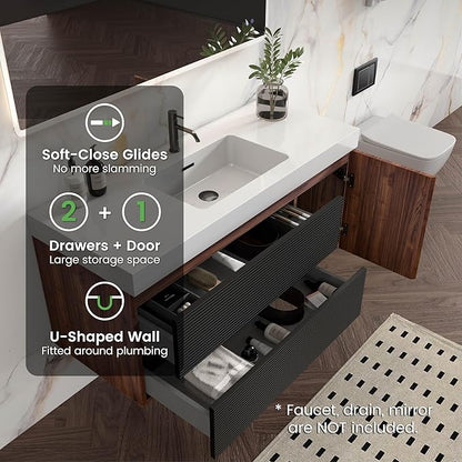 48 Inch Bathroom Vanity with Sink, Floating Bathroom Cabinet with 2 Soft-Closing Drawers & 1 Door, Large Storage for Apartment, Hotel, Walnut+Black, White Sink(Already Assembled)