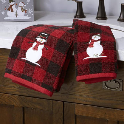 SKL Home Christmas Woodland Winter Snowman Hand Towel Set-2pc, Red | 100% Cotton. 450 GSM. Soft, absorbent jacquard. Plaid buffalo check with embroidery. For the bathroom, kitchen or bar & gift.