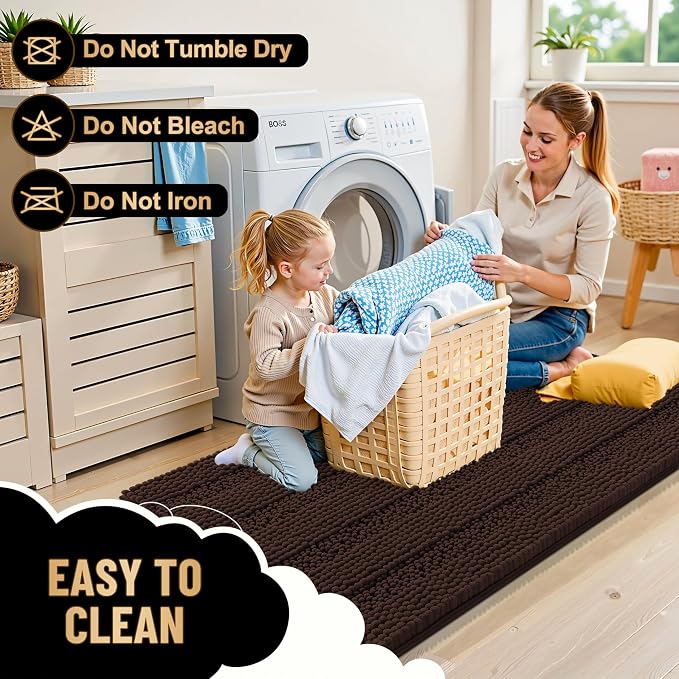 OLANLY Thick Bathroom Rugs 36x24, Soft Chenille Striped Bath Rugs, Brown | Rubber Backing, Machine Wash, Extra Absorbent Bath Mats for Bathroom Floor, Tub and Shower, Home Decor Accessories