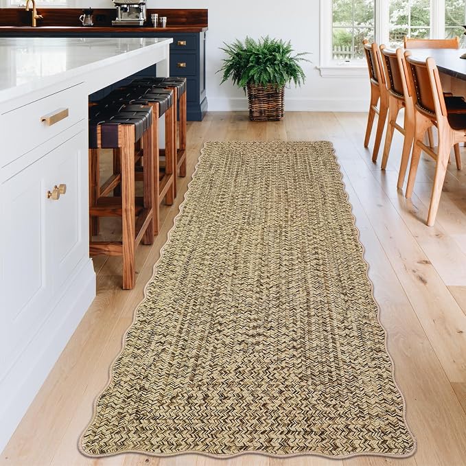 Imitation Braided Collection-Print Hallway Runner Rug 2x6 Non Slip Washable Area Rug, Soft Low Pile Farmhouse Rustic Carpet Foldable Indoor Mat for Laundry Room, Kitchen, Bedroom - Natural