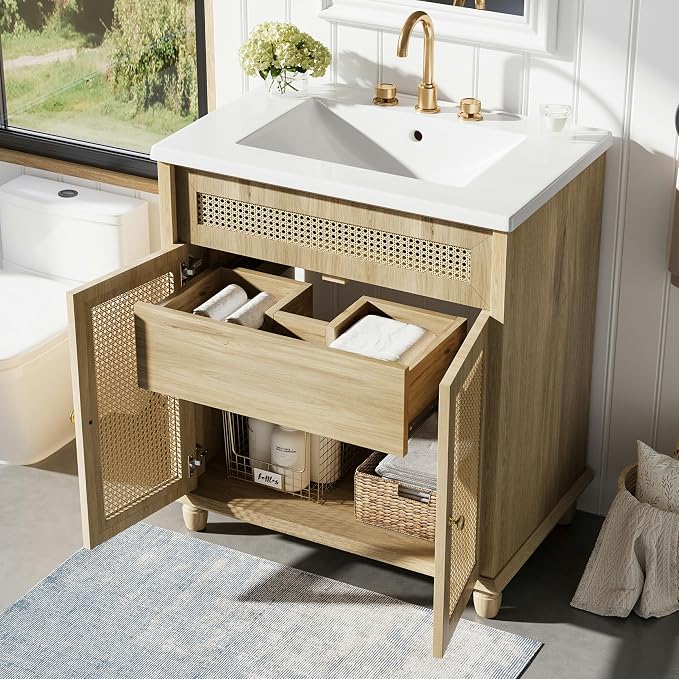 30-Inch Bathroom Vanity with Handwoven Rattan Doors, Shatter-Resistant Resin Basin & Solid Wood Legs – Space-Saving Design, Soft-Close Hinges, Easy Assembly for Small Bathrooms (Natural Wood, 30")