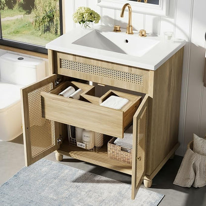 30-Inch Bathroom Vanity with Handwoven Rattan Doors, Shatter-Resistant Resin Basin & Solid Wood Legs – Space-Saving Design, Soft-Close Hinges, Easy Assembly for Small Bathrooms (Natural Wood, 30")