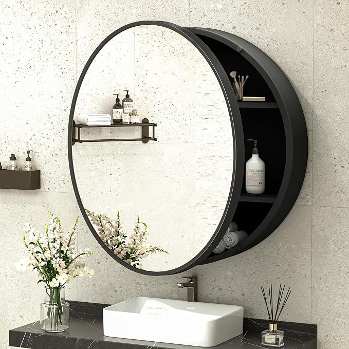 TokeShimi 28 Inch Round Medicine Cabinet for Bathroom with Mirror Surface Mount Only Black Metal Framed Mirrored Bathroom Cabinet Large Modern Farmhouse Circle Wall Mounted Vanity Mirror with Storage