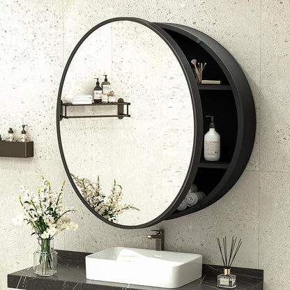 TokeShimi 28 Inch Round Medicine Cabinet for Bathroom with Mirror Surface Mount Only Black Metal Framed Mirrored Bathroom Cabinet Large Modern Farmhouse Circle Wall Mounted Vanity Mirror with Storage