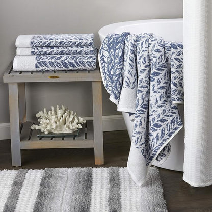 SKL Home Distressed Leaves Bath Towel, 100% Turkish Cotton, Denim Blue | 600 GSM weight. Spa-level quality. Soft, & absorbent, reversible jacquard.