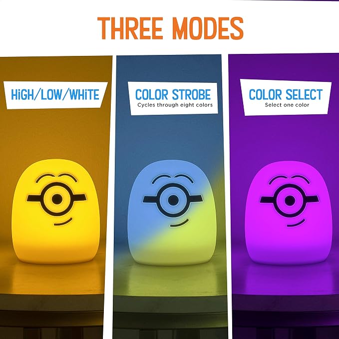 Lights By Night Squish'ems Minions Night Light for Kids, Soft Silicone | Dimmable Kids Bedside Lamp, Light for Kids Room, Bedroom, and Playroom, USB Powered with AAA Battery Option