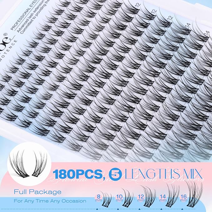 Lash Clusters Kit Wispy Lash Extension Kit Natural 180pcs Cluster Eyelash Extensions Kit Individual Lashes 8-16mm Eyelash Clusters Kit with Lash Cluster Bond Seal and Lash Tweezers