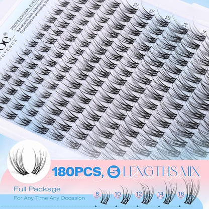 Lash Clusters Kit Wispy Lash Extension Kit Natural 180pcs Cluster Eyelash Extensions Kit Individual Lashes 8-16mm Eyelash Clusters Kit with Lash Cluster Bond Seal and Lash Tweezers