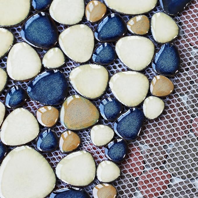 Pebble Tile for Shower Floor Brown Blue Pebbles Mosaic Tiles for Bathroom Floor [Set of 5 Sheets]