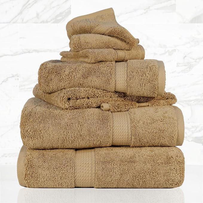 SUPERIOR Egyptian Cotton Ultra Plush & Absorbent, 6 Piece Set, Toast | Quick Dry, Soft Luxury Towel Set, Bath Essentials, Guest Bath, Spa, 2 Bath, 2 Hand, 2 Face Towels, Madeline Towels