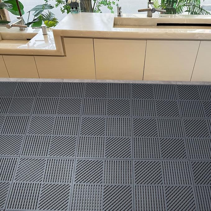 18 Pack Interlocking Drainage Tiles Double Non-Slip Tiles Mat with Drain Holes for Pool, Bathroom, Shower, Pantry, Patio, Boat, Pet Area, 12"×12" Dark Gray