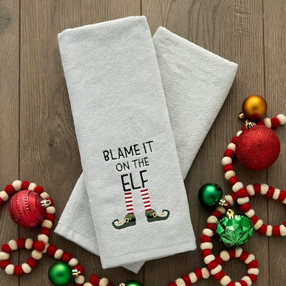 SKL Home Christmas Blame It On The Elf Hand Towel Set-2pc, Gray | 100% Cotton. Soft, embroidered velour. Great for the bathroom, kitchen or bar & holiday gifting.