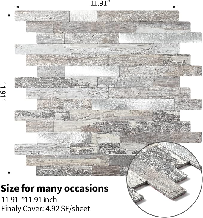 5 - Sheets Peel and Stick Wood Metal Tile Backsplash, Stick on Tiles for Backsplash Kitchen, Bathroom, Laundry Room, Camper, Fireplace (12'' X 12'', in Light Rustic)