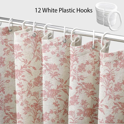 WOUVMA Pink Shower Curtain Floral Cotton Linen Cottagecore Shower Curtain for Bathroom 75" L x 72" W Long