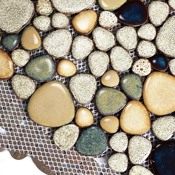 Pebble Stone Mosaic Tiles 5 Sheets, Beige Tan Brown Ceramic Mosaic Sheets Mesh Mounted 12x12, Glazed Porcelain Tile for Shower Floor Kitchen Bathroom Accent Wall Backsplash 【5 Sheets】