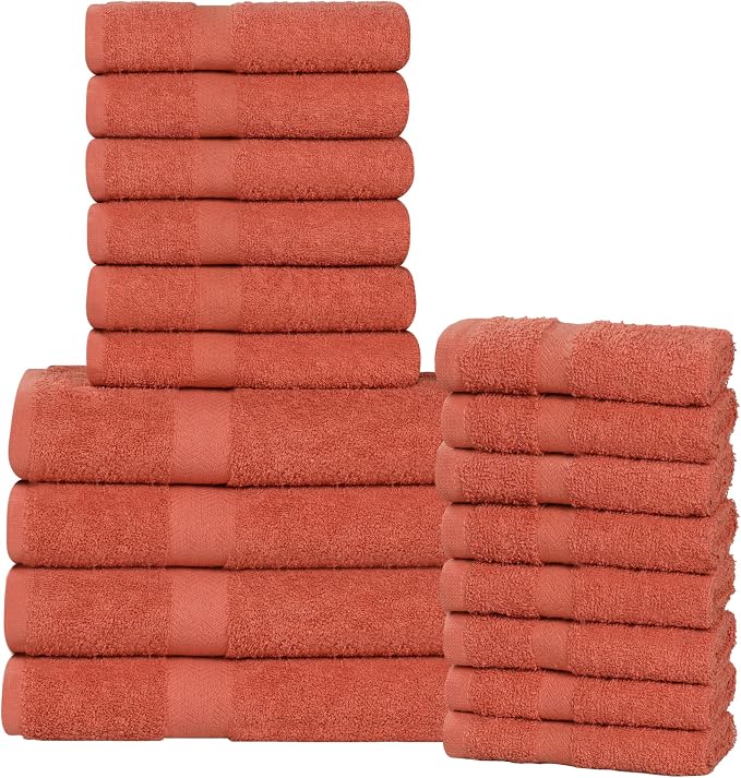 SUPERIOR 18-Piece Cotton Assorted Towel Set, Includes 8 Face Towel, 6 Hand, and 4 Bath Towels, Home, Bathroom, Guest Bath Essentials, Quick Dry, Absorbent, Franklin Collection - Coral