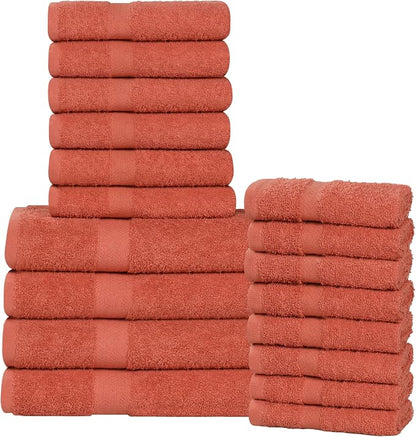 SUPERIOR 18-Piece Cotton Assorted Towel Set, Includes 8 Face Towel, 6 Hand, and 4 Bath Towels, Home, Bathroom, Guest Bath Essentials, Quick Dry, Absorbent, Franklin Collection - Coral
