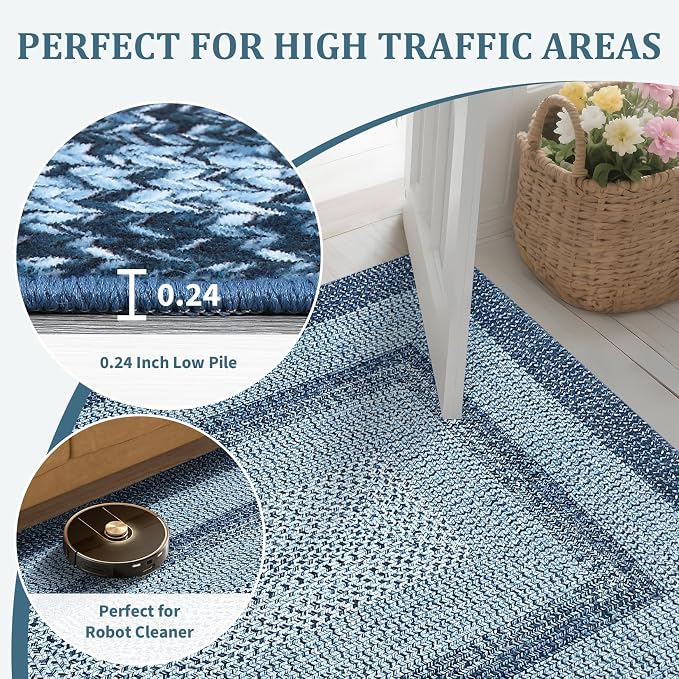 Printed Washable Area Rugs 10x13 Rug Modern Rugs for Bedroom Blue Rug Imitation Braided Soft Large Area Rug Non Slip Throw Rugs Stain Resistant Carpet for Nursery Dining Room 10'x13' Navy Blue